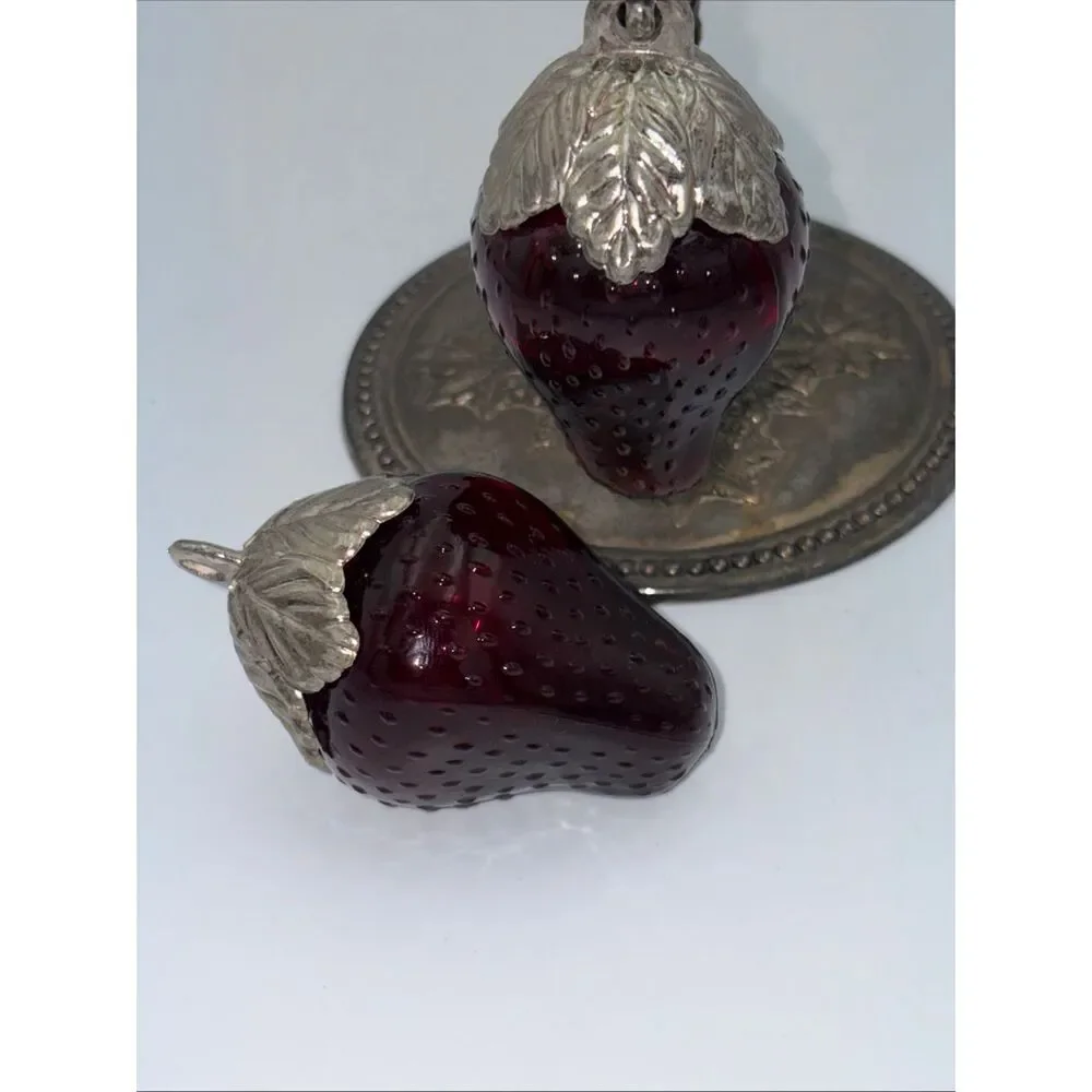 Vintage Red Glass Hanging Strawberry Salt & Pepper Shakers With Silver Stand